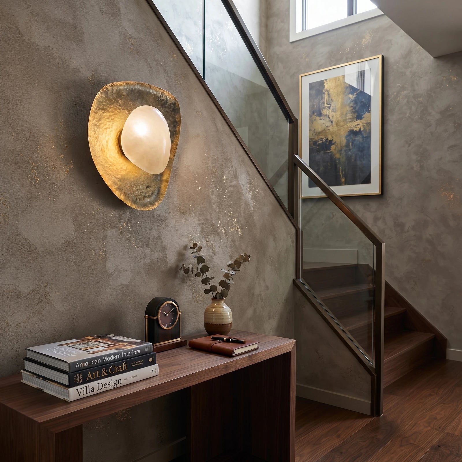 Gold Foil Alabaster Wall Light Mounted Near Stairway Console