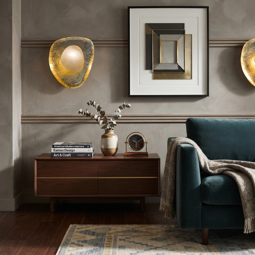 Pair of Gold Foil Organic Sconces Flanking Living Room Art