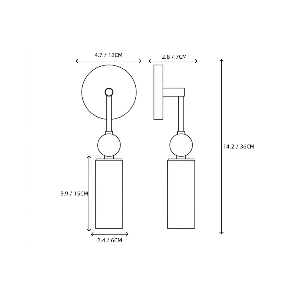 Modern Single-Light Brass and Alabaster Wall Sconce Line Art Dimension Diagram