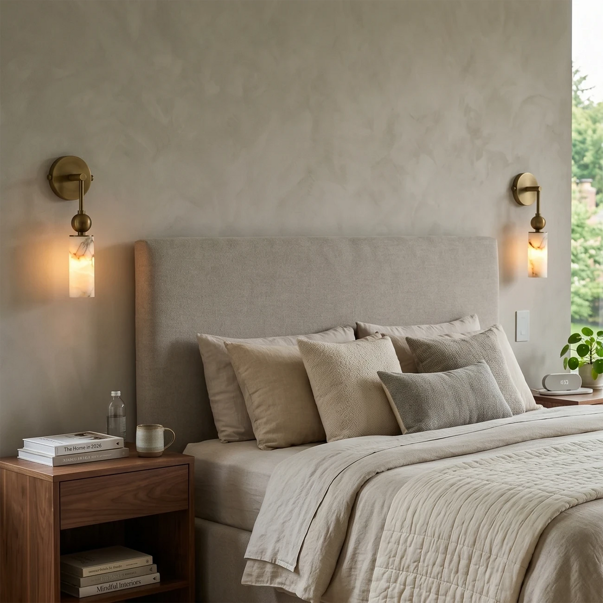 Modern Brass and Alabaster Wall Sconces in Bedroom Interior