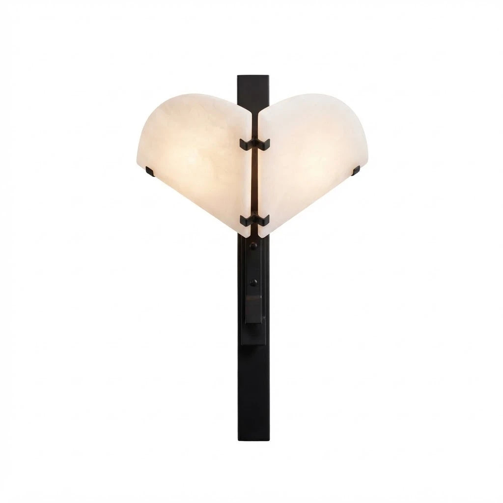 Modern Black Base and Alabaster Winged Wall Sconce with Heart-Shaped Stone Panels and Warm Light on Pure White Background