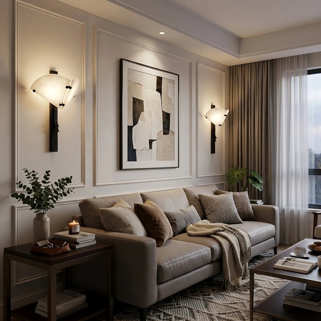 Modern Black Base Alabaster Wall Sconce in Contemporary Living Room