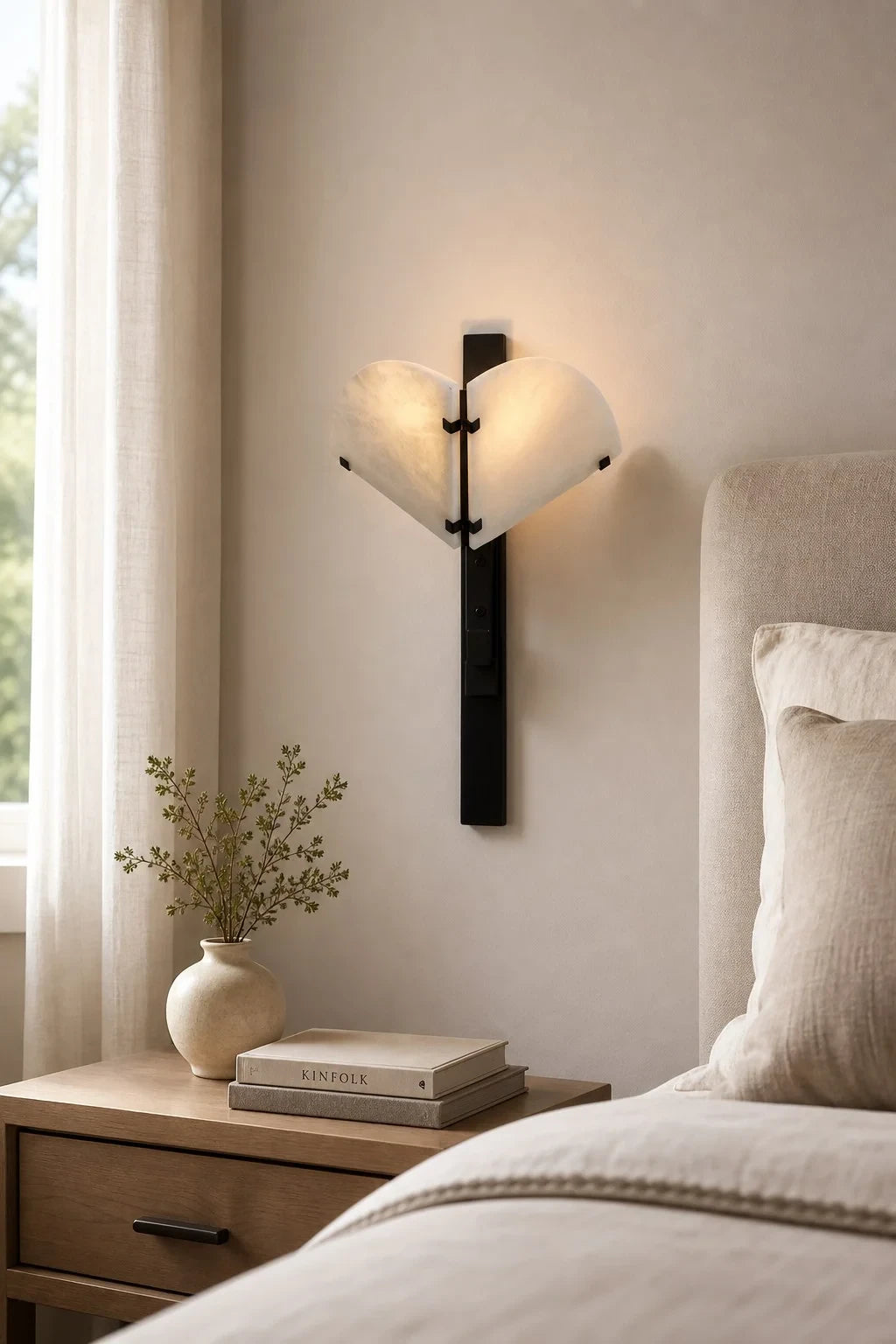 Modern Alabaster Winged Wall Sconce in Cozy Bedroom Setting