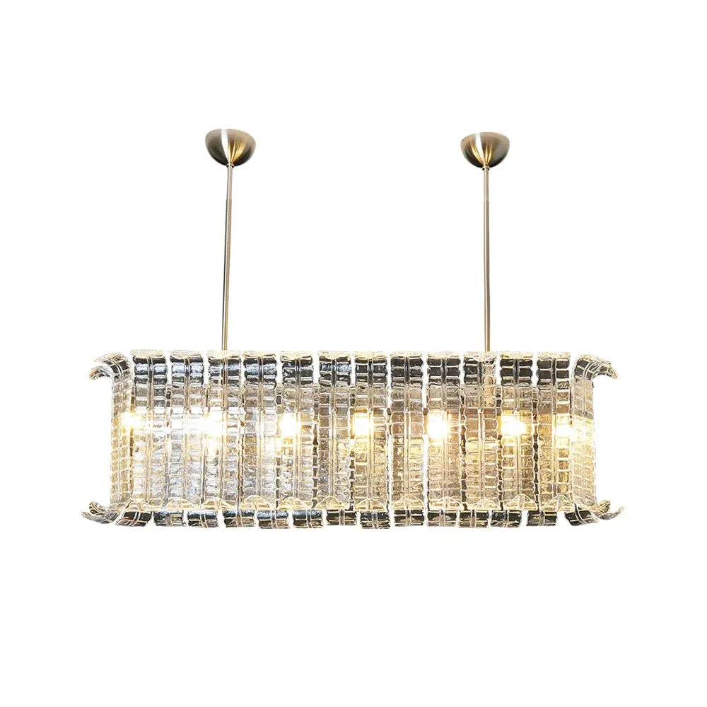 Modern Rectangular Crystal Prism Linear Chandelier with Brass Hardware on Pure White Background