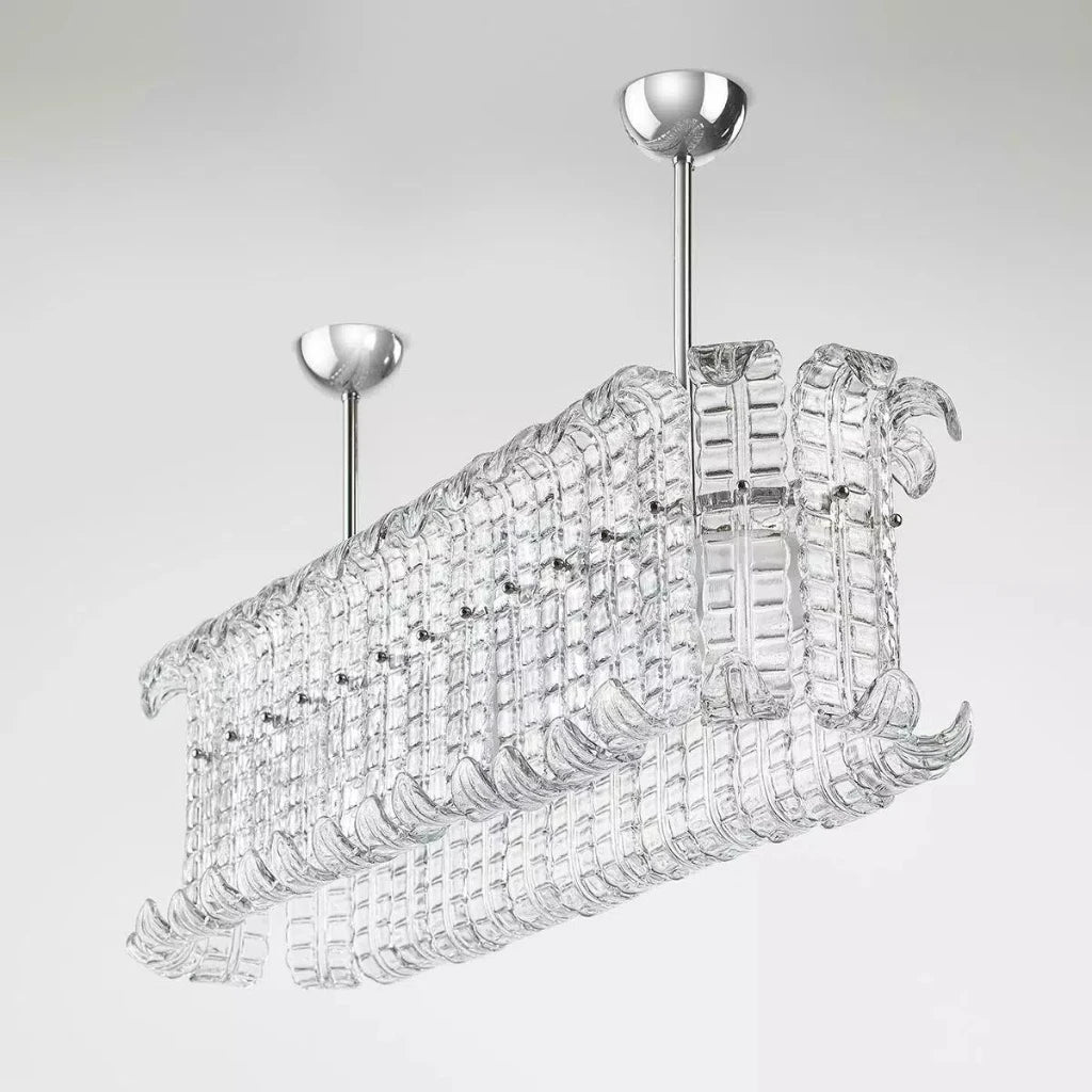 Front View of Modern Rectangular Crystal Prism Linear Chandelier Studio Display