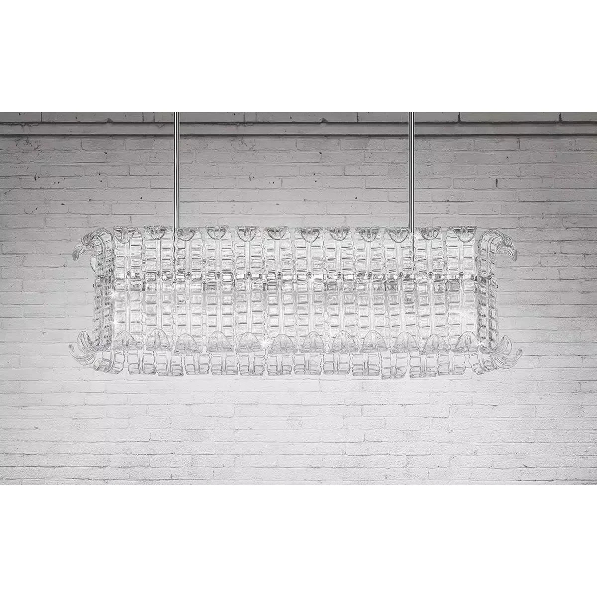 Illuminated Modern Rectangular Crystal Prism Linear Chandelier on Textured Wall