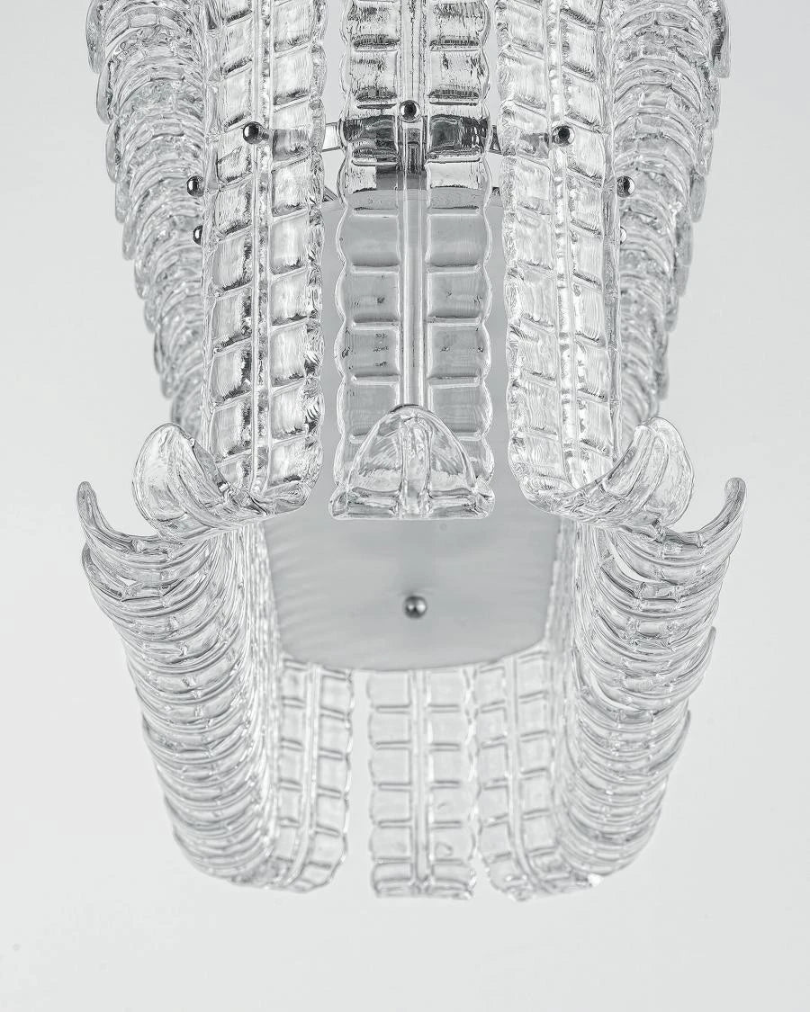 Close Up Bottom View of Illuminated Rectangular Crystal Prism Linear Chandelier