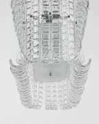 Close Up Bottom View of Illuminated Rectangular Crystal Prism Linear Chandelier