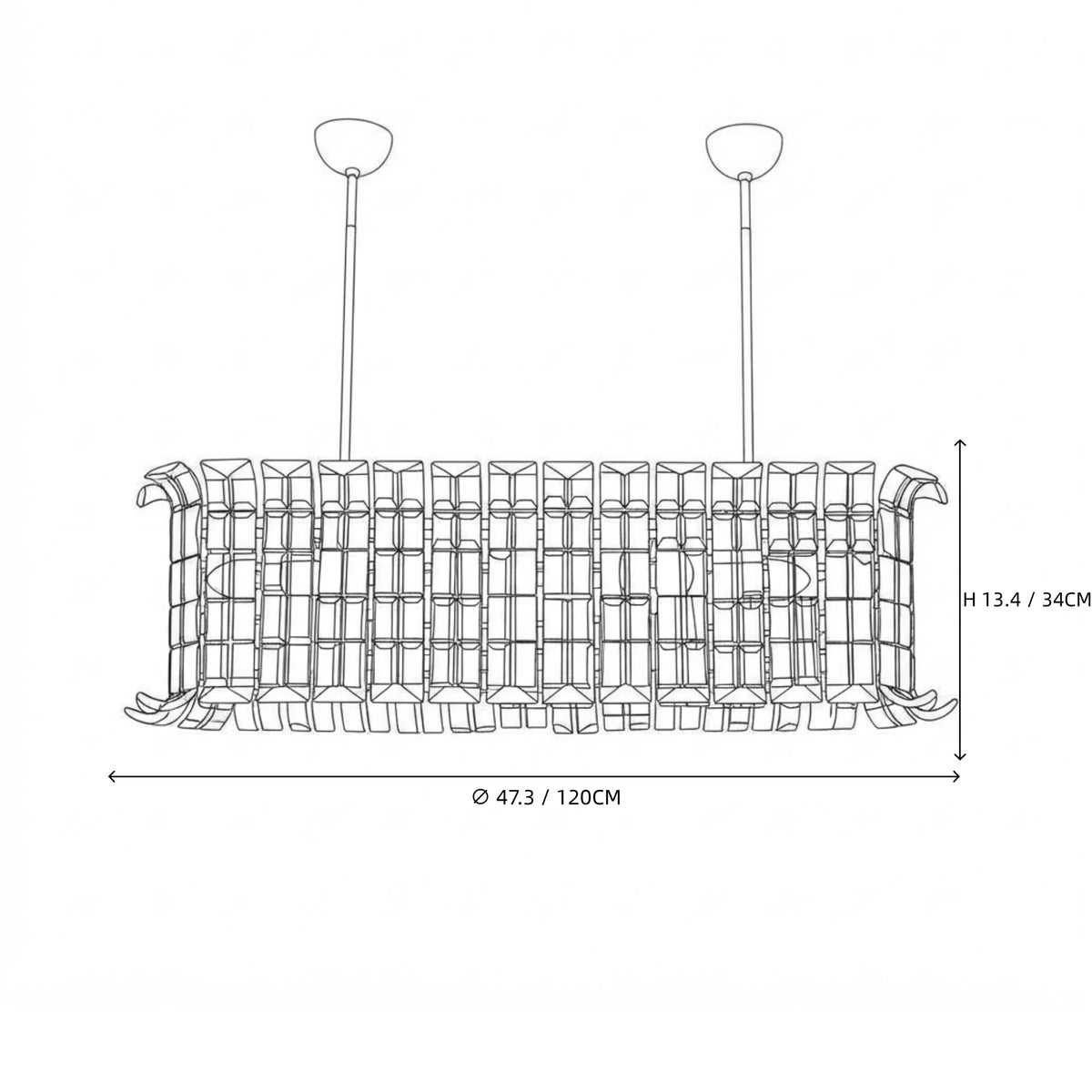 Modern Rectangular Crystal Prism Linear Chandelier Line Art Dimension Diagram