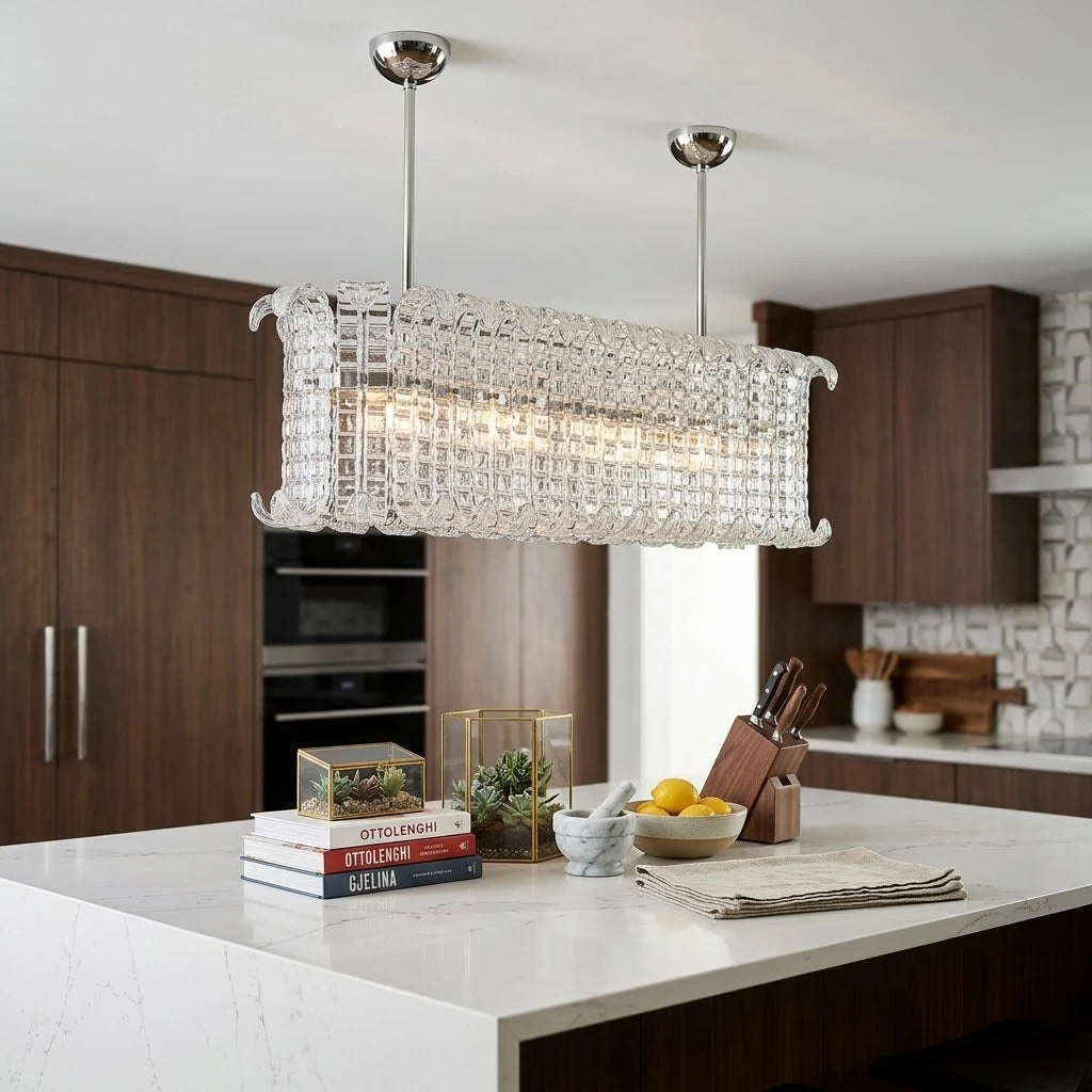 Modern Rectangular Crystal Prism Chandelier Over Kitchen Island