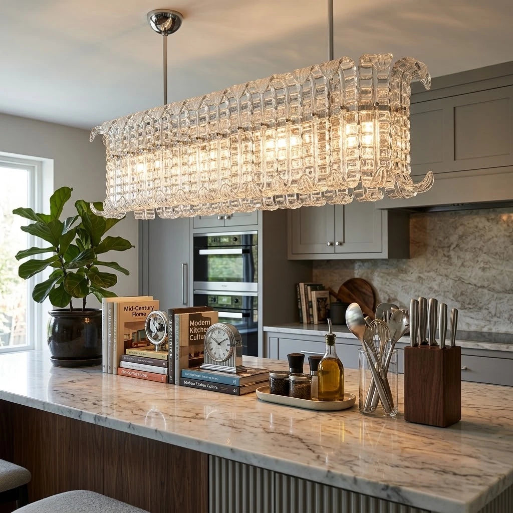 Modern Crystal Prism Linear Chandelier in Contemporary Kitchen