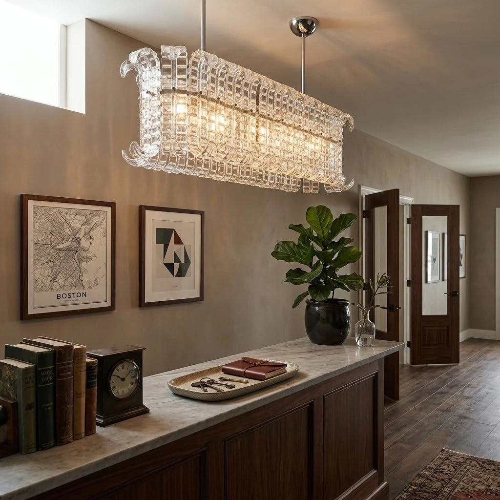 Modern Rectangular Crystal Prism Chandelier Over Dining Table