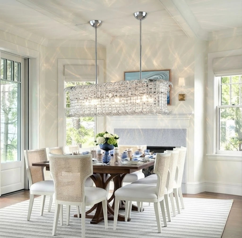 Modern Rectangular Crystal Prism Linear Chandelier in Formal Dining Room