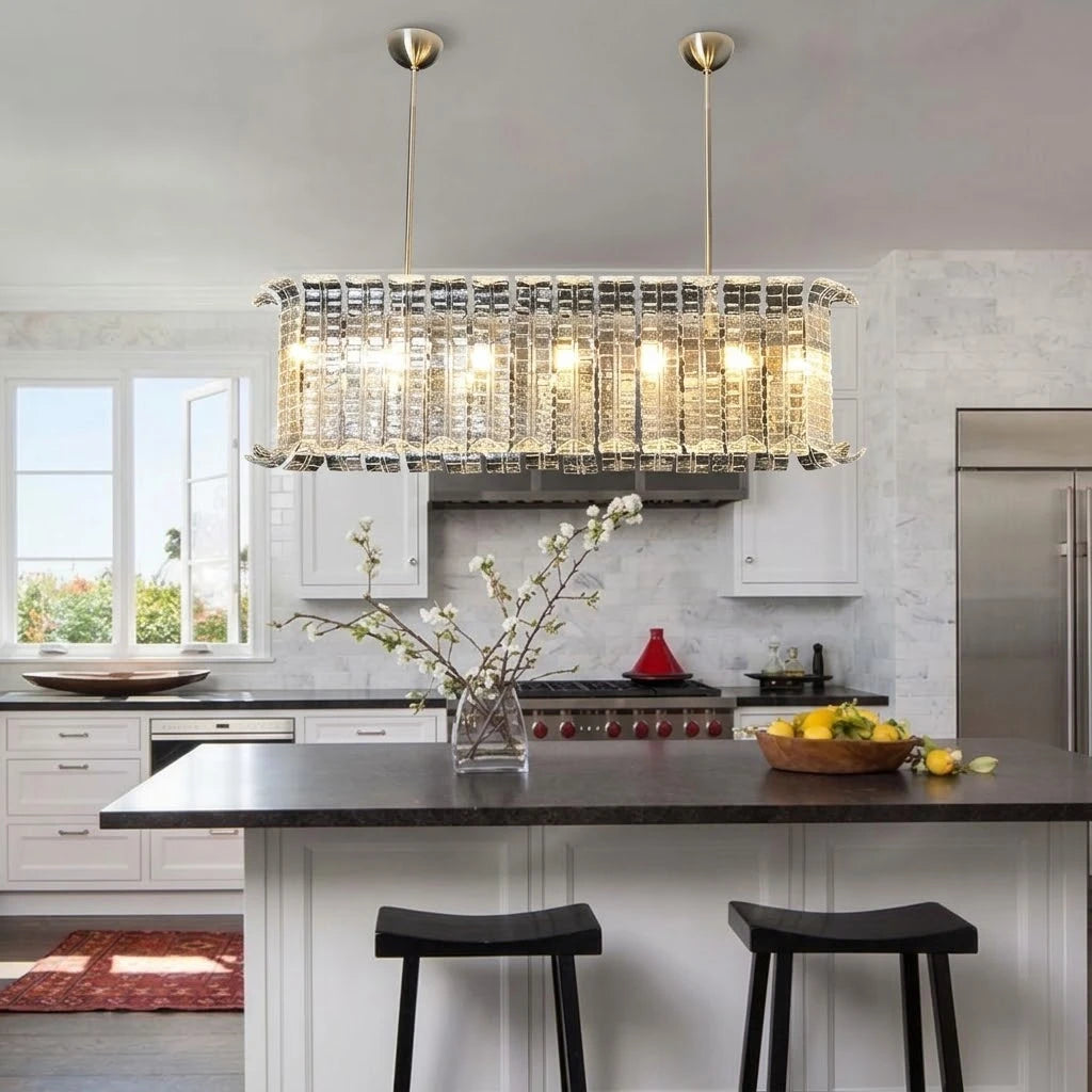 Modern Crystal Prism Linear Chandelier Over Kitchen Breakfast Bar