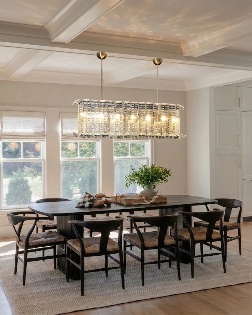 Modern Crystal Prism Art Glass Linear Chandelier Over Dining Room Table