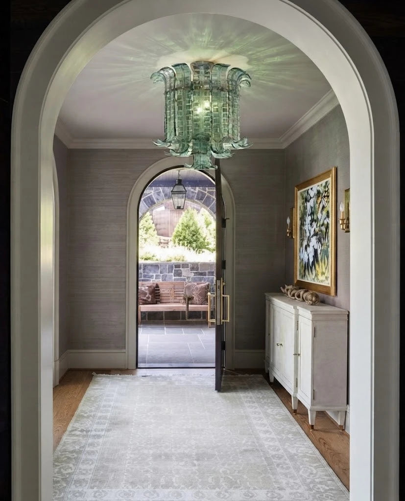 Modern Green Art Glass Flush Mount Ceiling Light in Archway Corridor