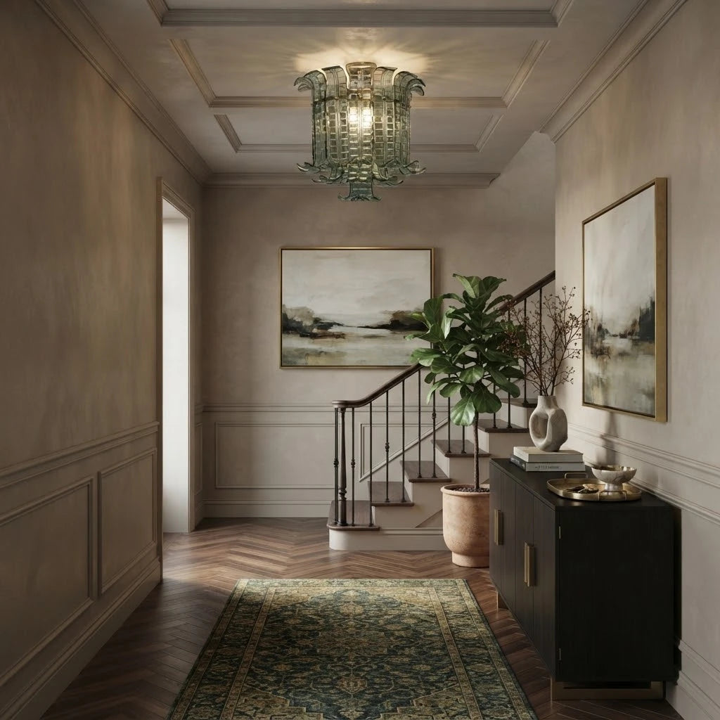 Modern Green Art Glass Flush Mount Ceiling Light Along Staircase Foyer