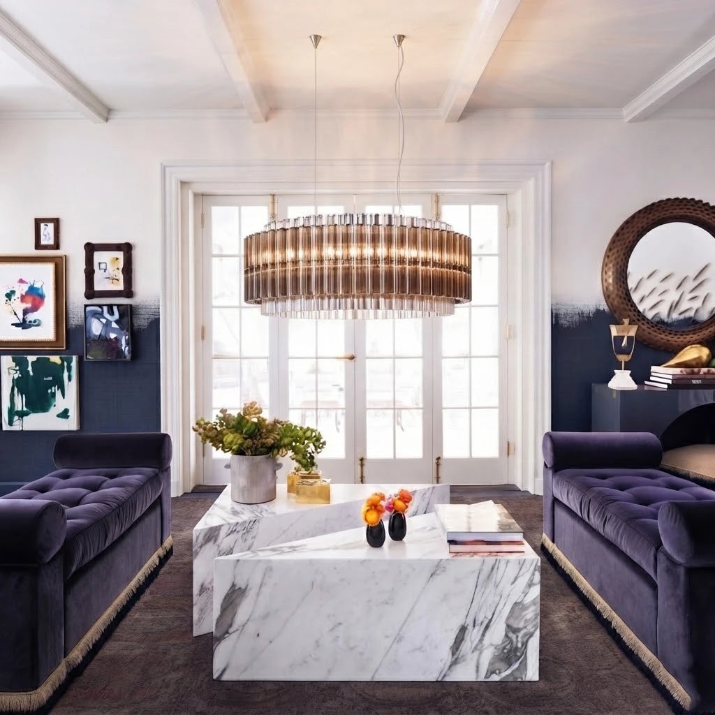 Modern Silver Frame Smoked Grey Chandelier in Luxury Living Room