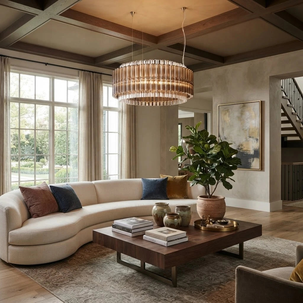 Modern Silver Frame Smoked Grey Chandelier in Contemporary Living Space