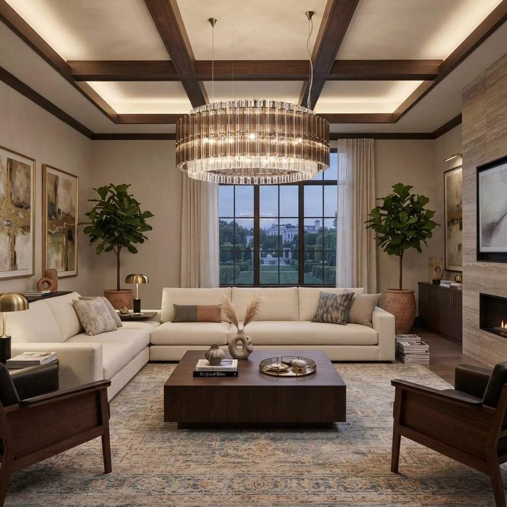 Modern Smoked Grey Fluted Art Glass Chandelier in Cozy Living Room
