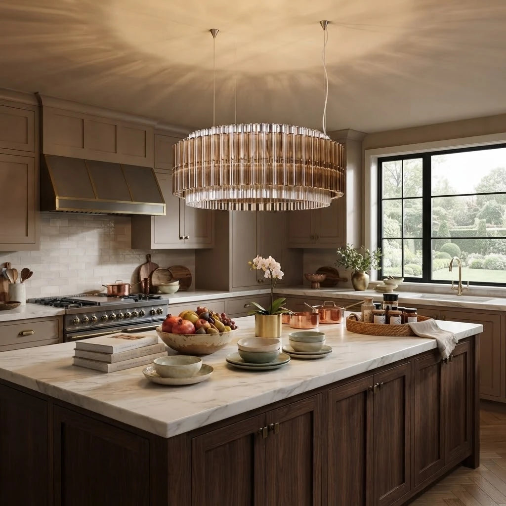 Modern Silver Frame Smoked Grey Chandelier Over Kitchen Island
