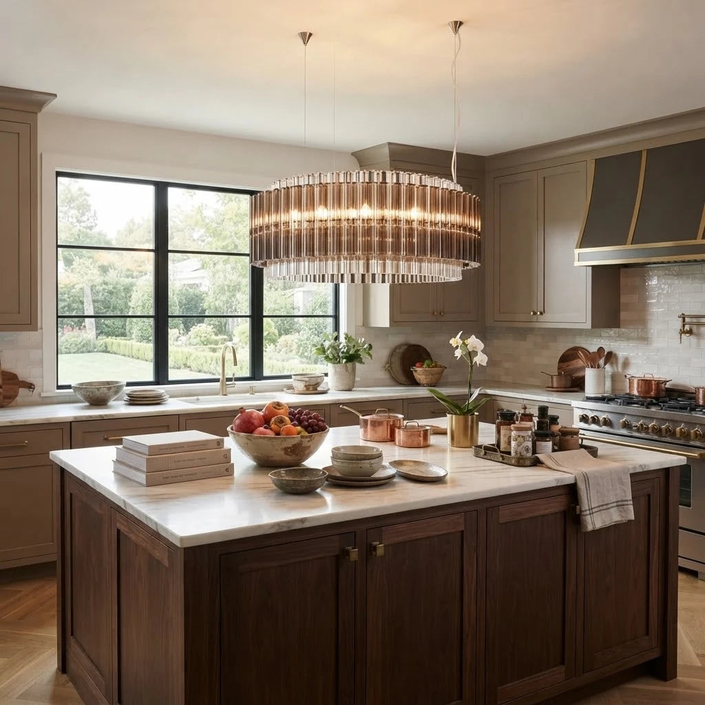 Modern Smoked Grey Fluted Art Glass Chandelier Over Kitchen Breakfast Bar