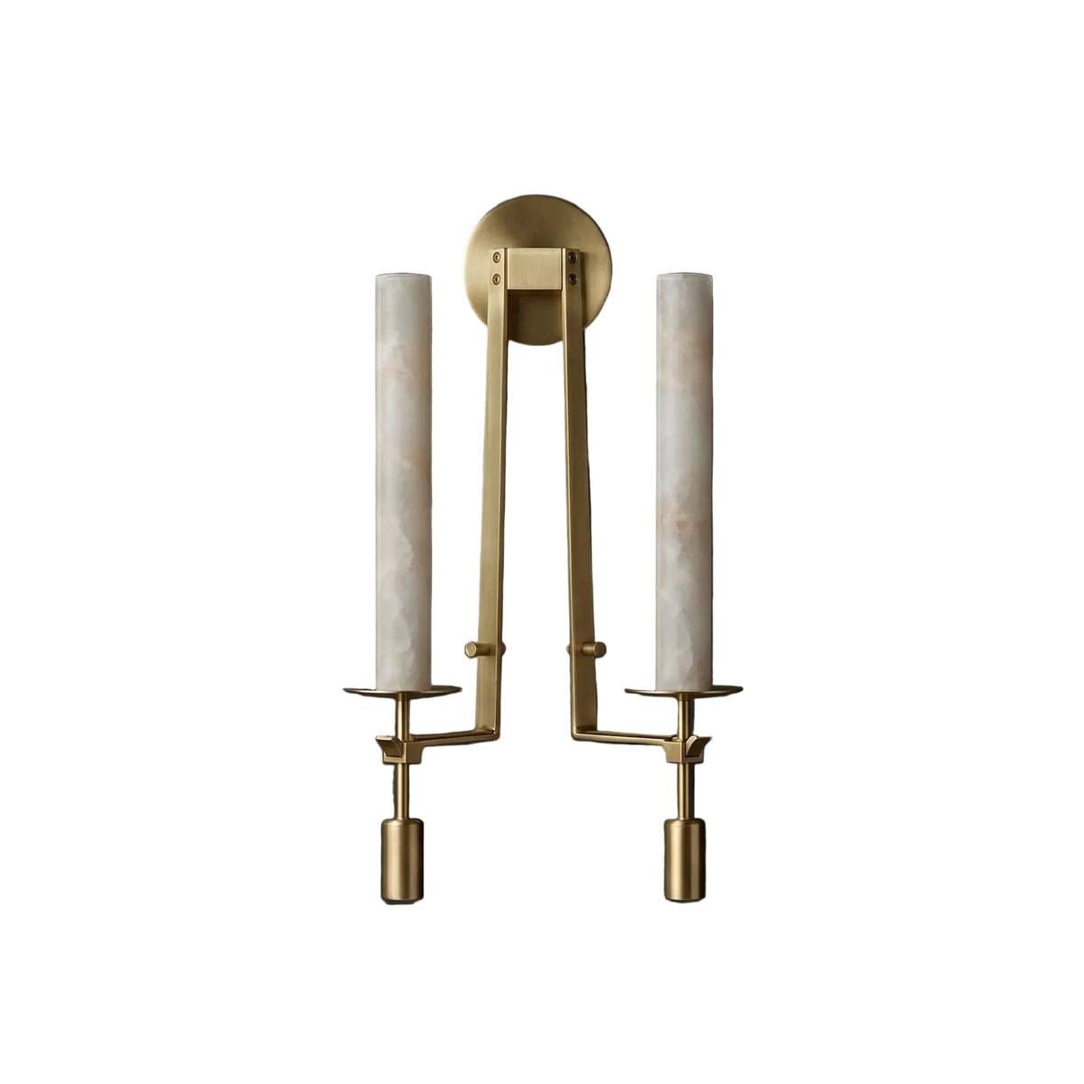 Modern Double Cylinder Alabaster Art Glass Wall Sconce with Brass Hardware on Pure White Background
