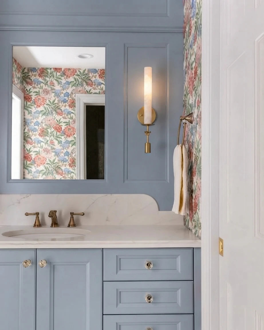 Modern Double Cylinder Alabaster Wall Sconce Over Bathroom Vanity