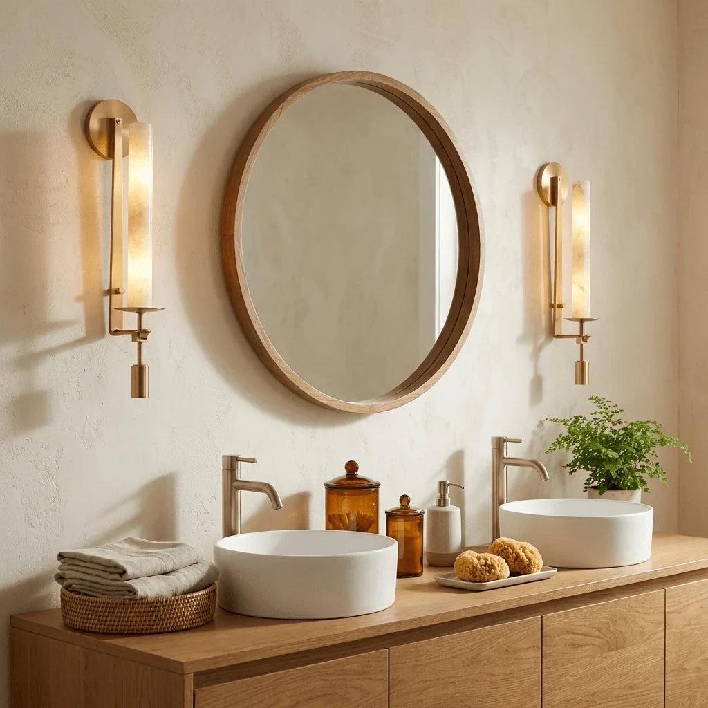 Modern Alabaster Wall Sconces Over Double Bathroom Vanity