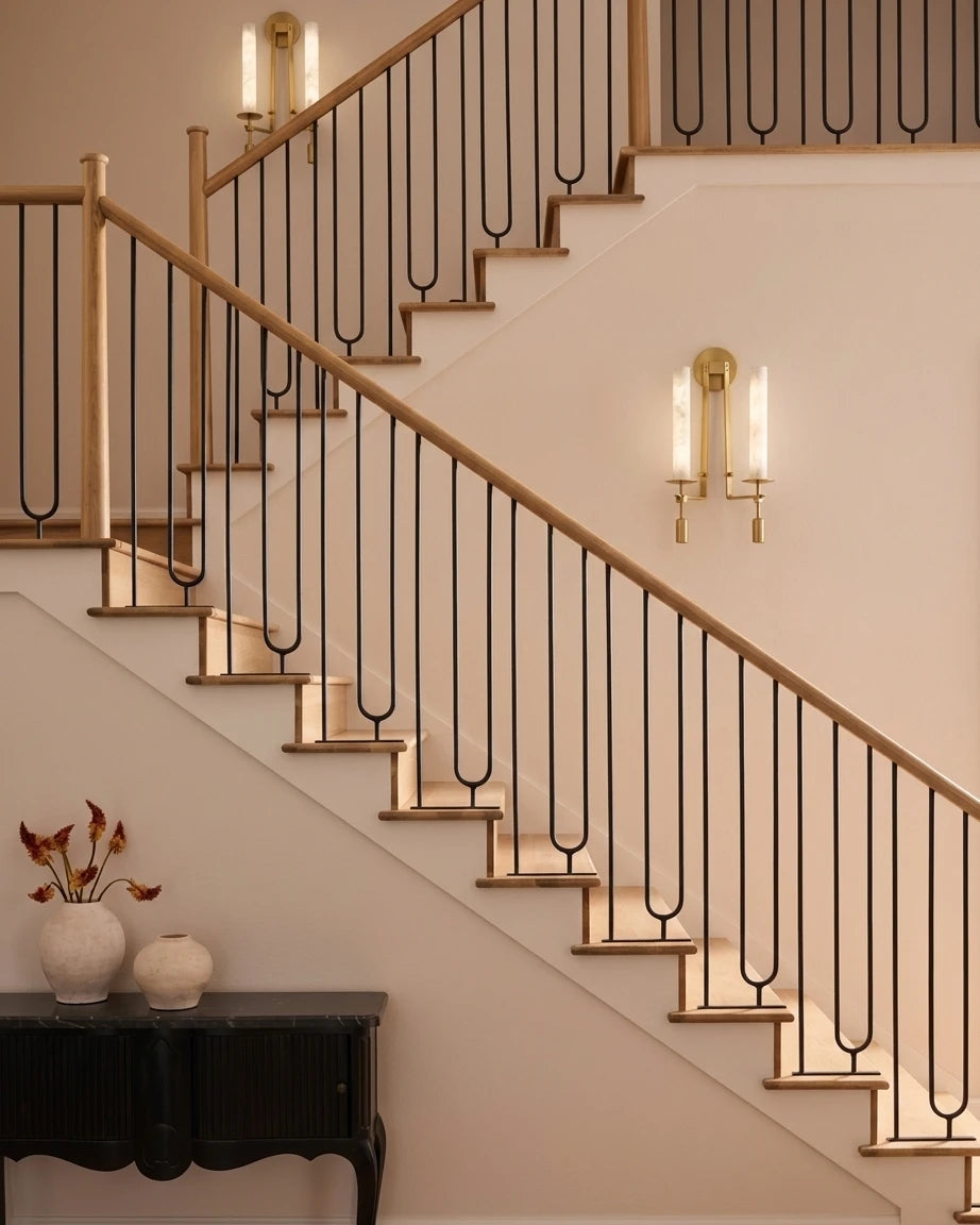 Modern Alabaster Wall Sconces Along Staircase Hallway