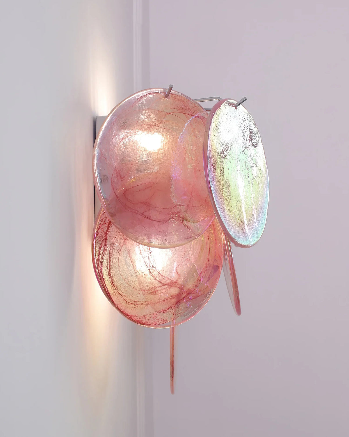 Side View of Modern Colorful Disc Art Glass Wall Sconce Studio Display