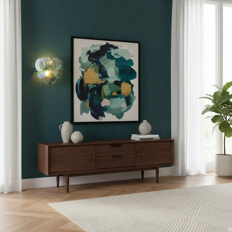 Modern Colorful Disc Art Glass Wall Sconce Over Credenza