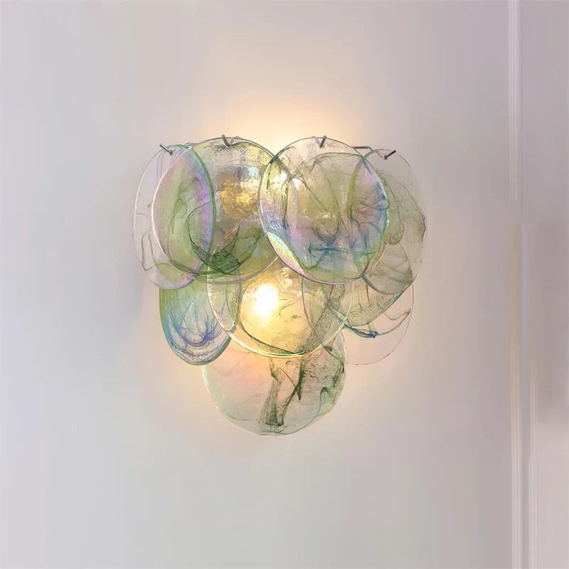 Illuminated Modern Green Colorful Disc Art Glass Wall Sconce Studio Shot