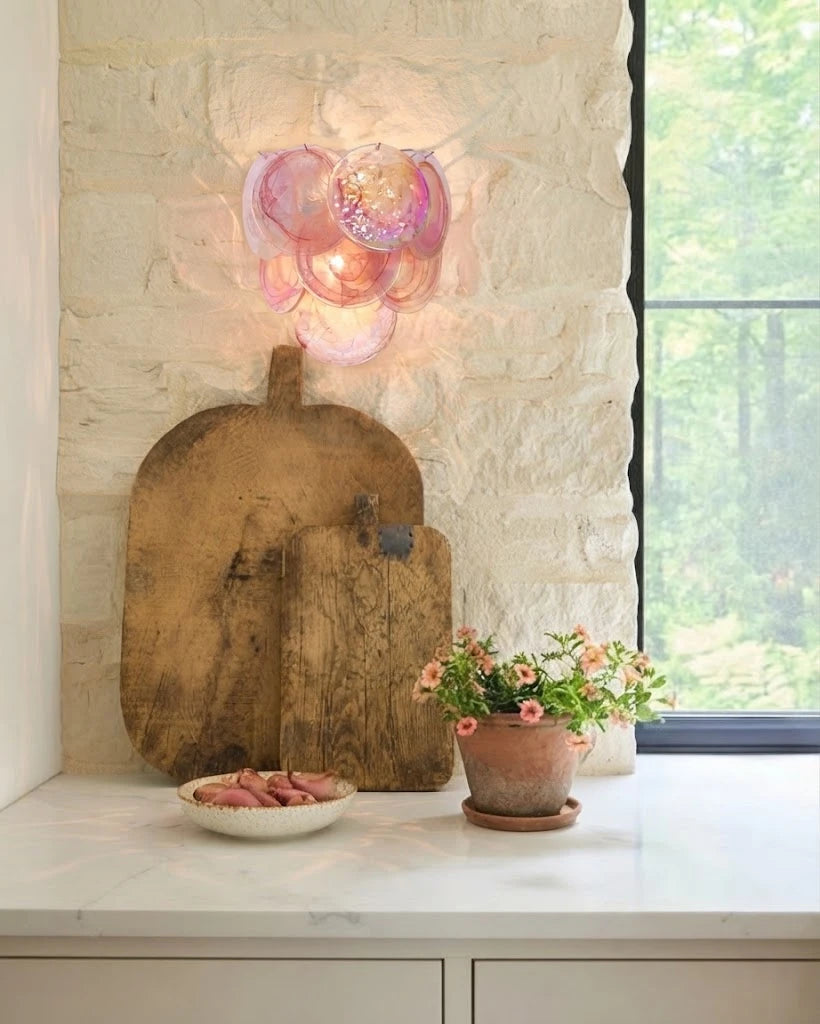 Modern Colorful Disc Art Glass Wall Sconce in Rustic Kitchen Setting