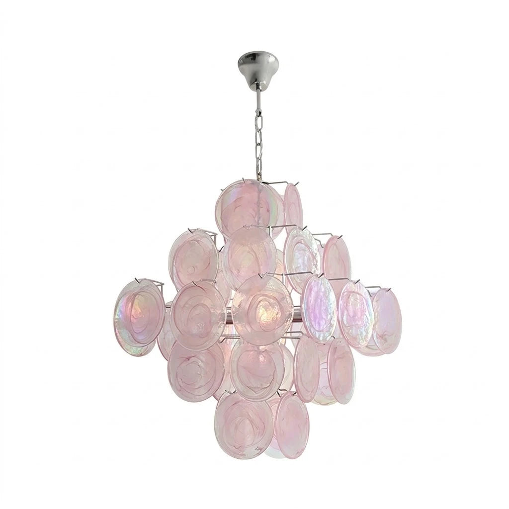Modern Silver Frame and Pink Iridescent Round Disc Art Glass Chandelier with Silver Canopy on Pure White Background
