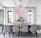 Modern Pink Iridescent Round Disc Art Glass Chandelier in Elegant Dining Area