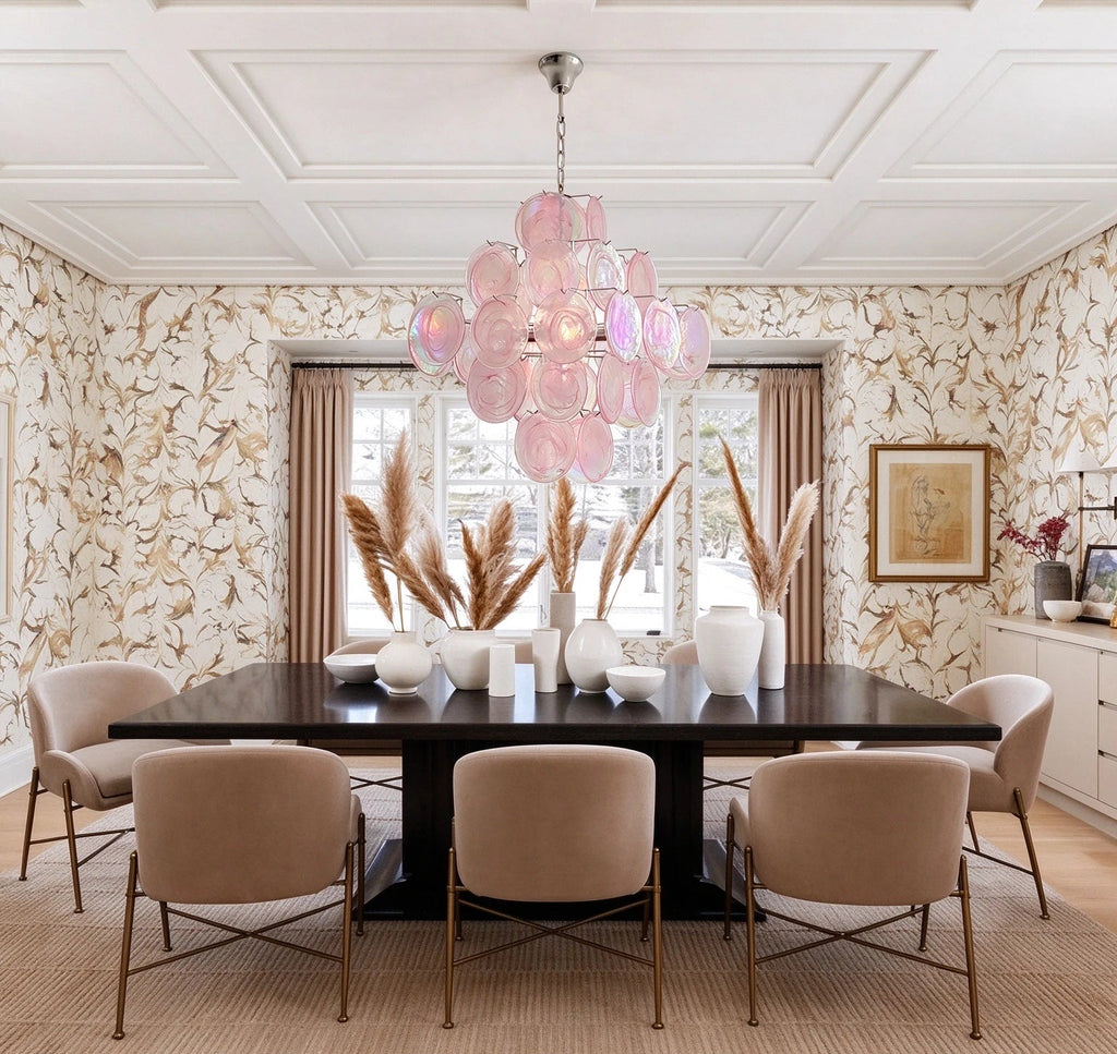 Modern Silver Frame Pink Iridescent Chandelier in Open Plan Dining Setting