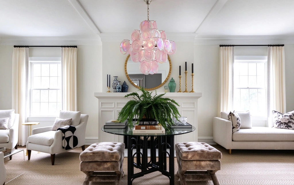 Modern Pink Iridescent Round Disc Art Glass Chandelier in Grand Hallway Foyer