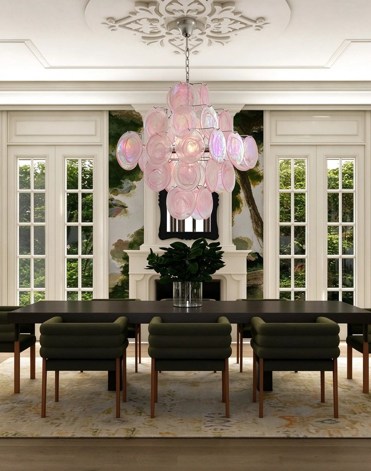 Modern Pink Iridescent Round Disc Art Glass Chandelier in Open Plan Interior