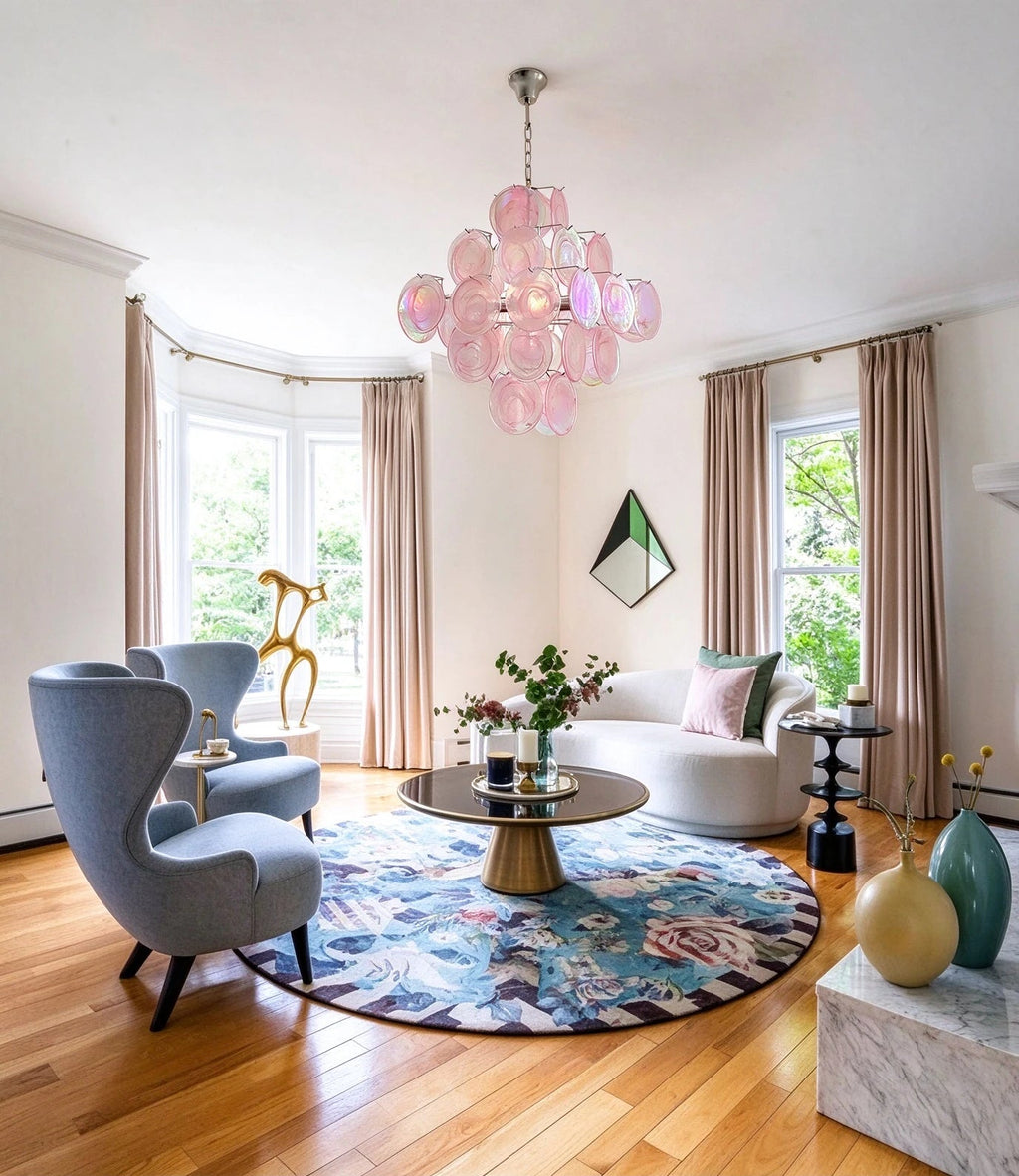 Modern Silver Frame Pink Iridescent Chandelier in Stylish Sitting Area