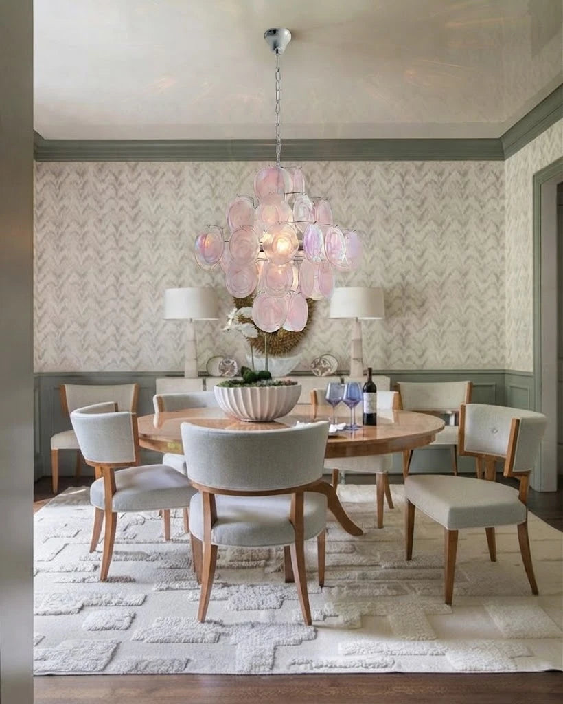 Modern Pink Iridescent Round Disc Art Glass Chandelier in Cozy Dining Room