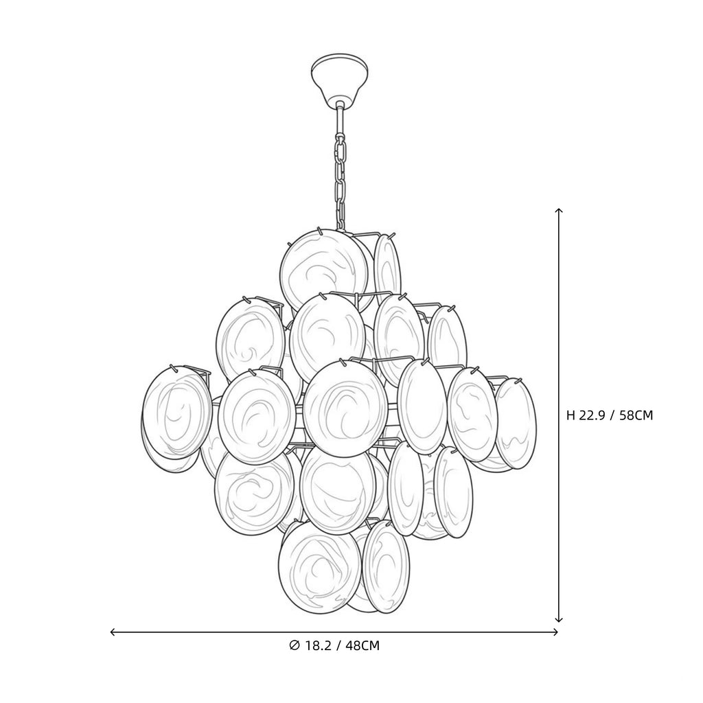 Modern Pink Iridescent Round Disc Art Glass Chandelier Line Art Dimension Diagram