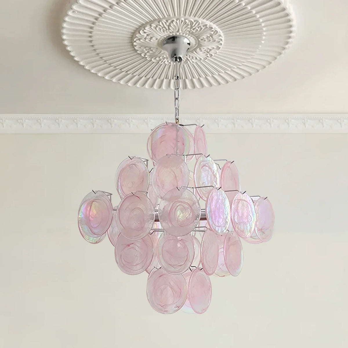 Illuminated Modern Silver Frame Pink Iridescent Round Disc Chandelier Studio Shot