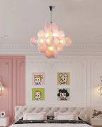 Modern Pink Iridescent Round Disc Art Glass Chandelier in Master Bedroom Setting