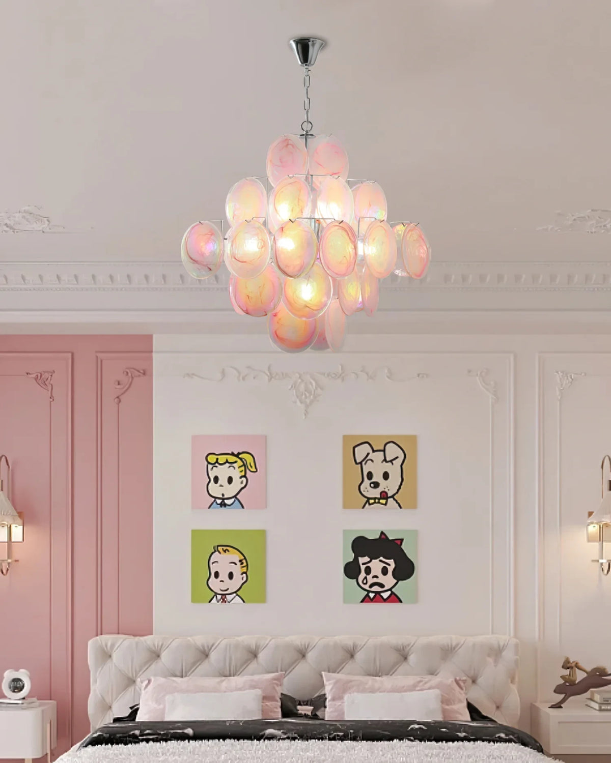 Modern Pink Iridescent Round Disc Art Glass Chandelier in Master Bedroom Setting
