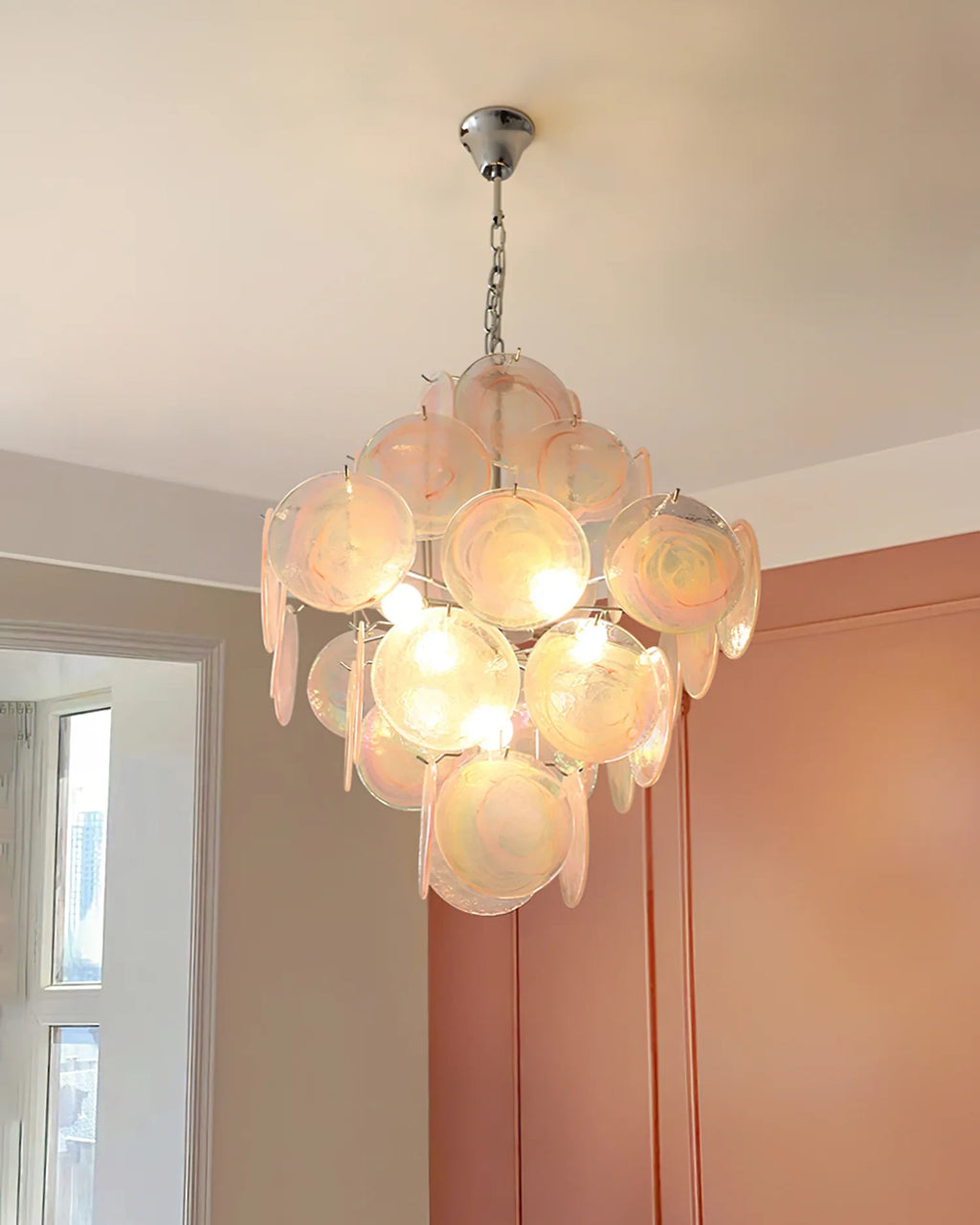 Modern Silver Frame Pink Iridescent Chandelier in Hallway Corridor