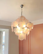 Modern Silver Frame Pink Iridescent Chandelier in Hallway Corridor