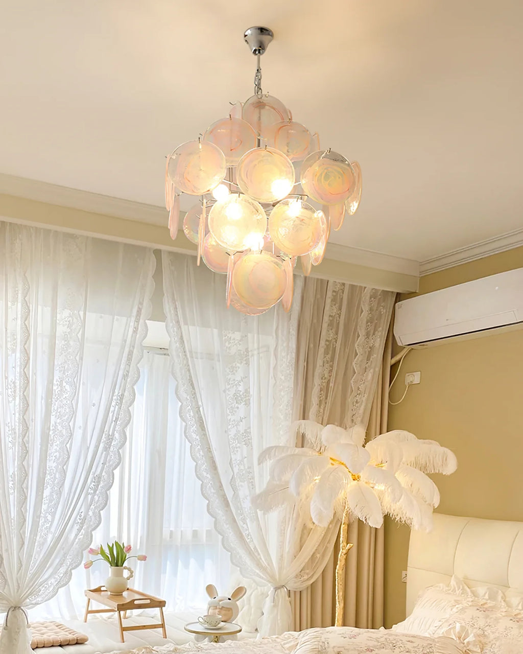 Modern Silver Frame Pink Iridescent Chandelier in Bright Bedroom Interior
