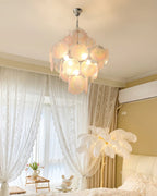 Modern Silver Frame Pink Iridescent Chandelier in Bright Bedroom Interior