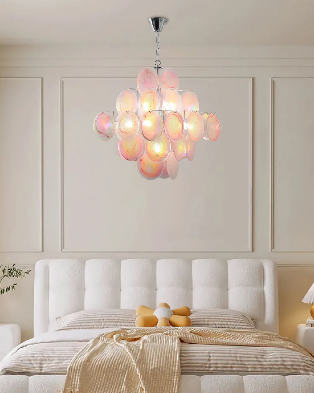 Modern Pink Iridescent Round Disc Art Glass Chandelier in Elegant Bedroom